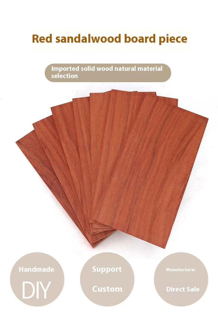 A stack of red sandalwood board pieces showing the natural material selection for DIY crafts.