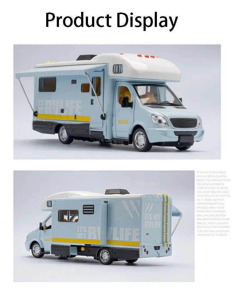 A light blue diecast camping RV model with a white roof and various exterior features.