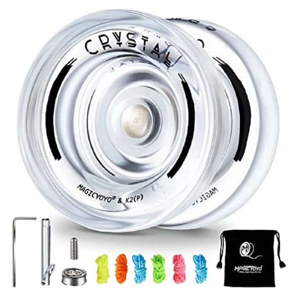 A clear plastic yo-yo with a silver mechanism and accessories shown on a white background.