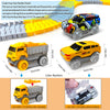 A flexible dinosaur race track toy set featuring electric cars and a yellow truck model.