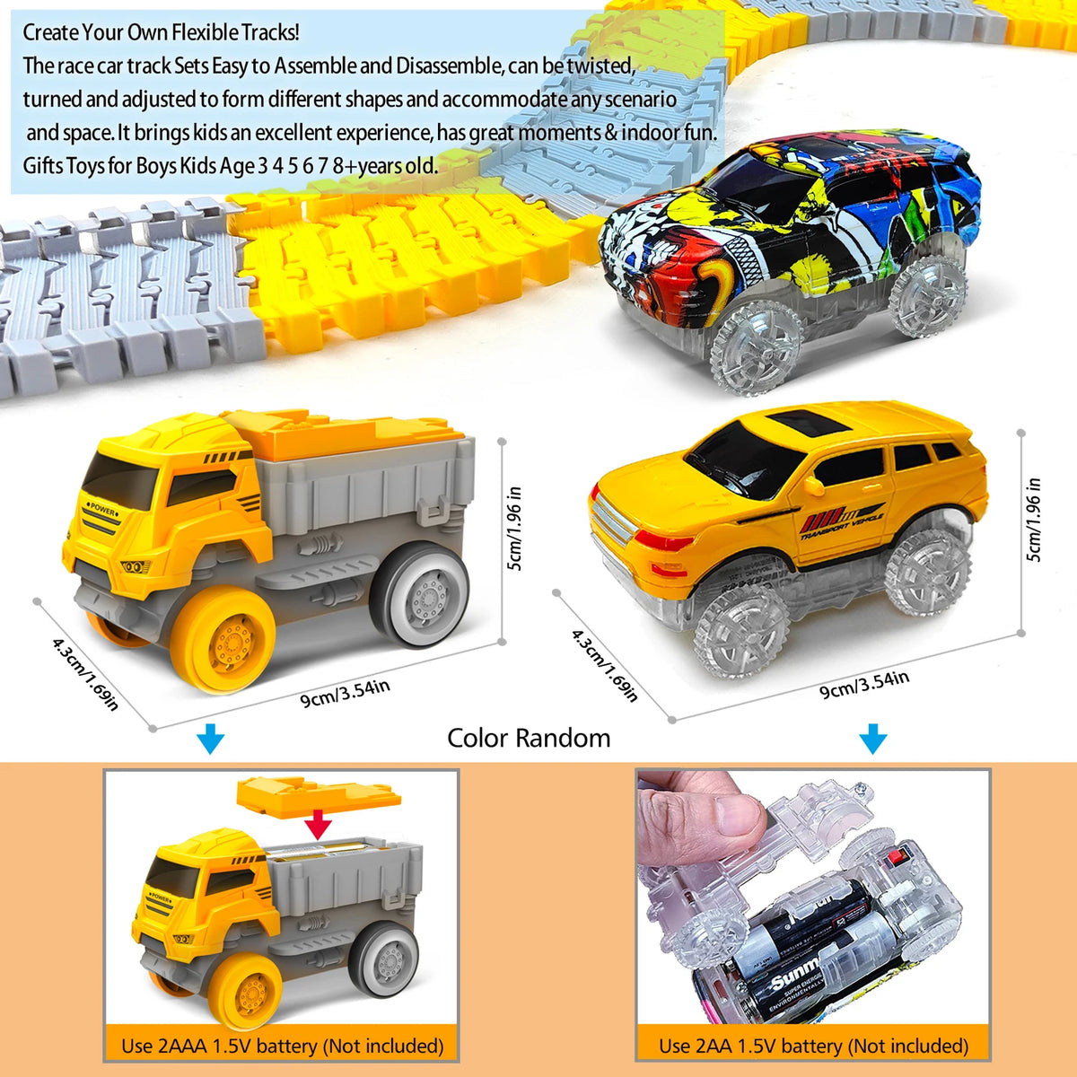 A flexible dinosaur race track toy set featuring electric cars and a yellow truck model.