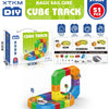 A colorful magic rail cube track set featuring building blocks and a train, packaged for educational play.