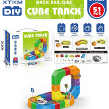 A colorful magic rail cube track set featuring building blocks and a train, packaged for educational play.