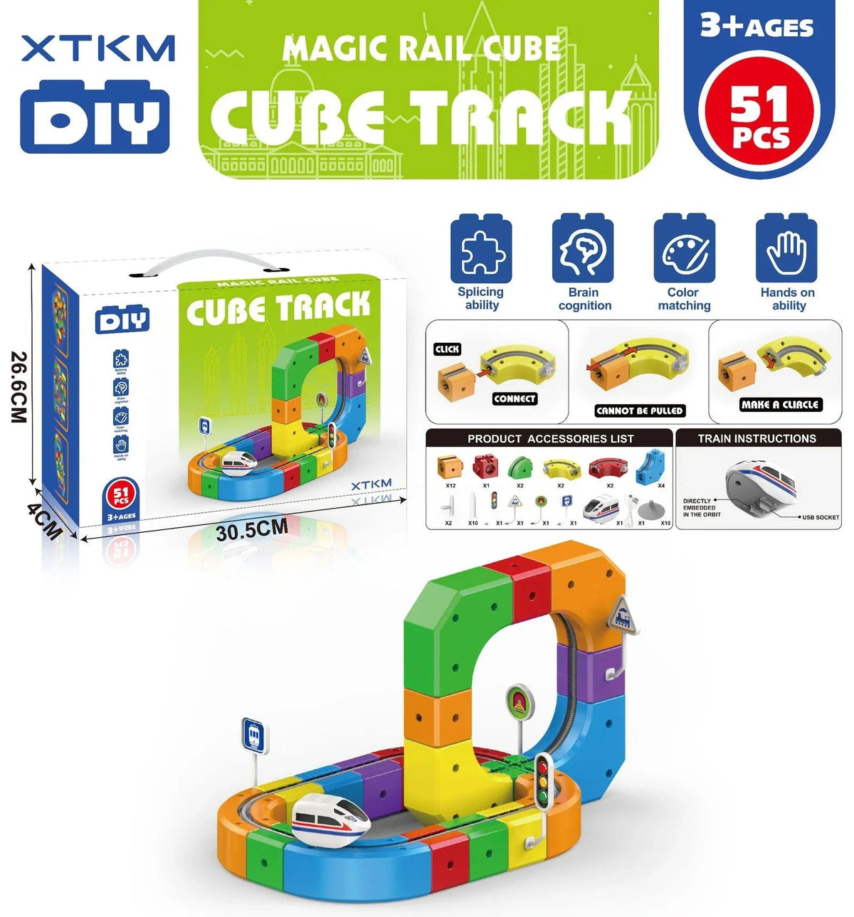 A colorful magic rail cube track set featuring building blocks and a train, packaged for educational play.