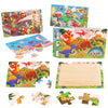 A set of wooden animal jigsaw puzzles featuring various colorful animals like dinosaurs and mammals.