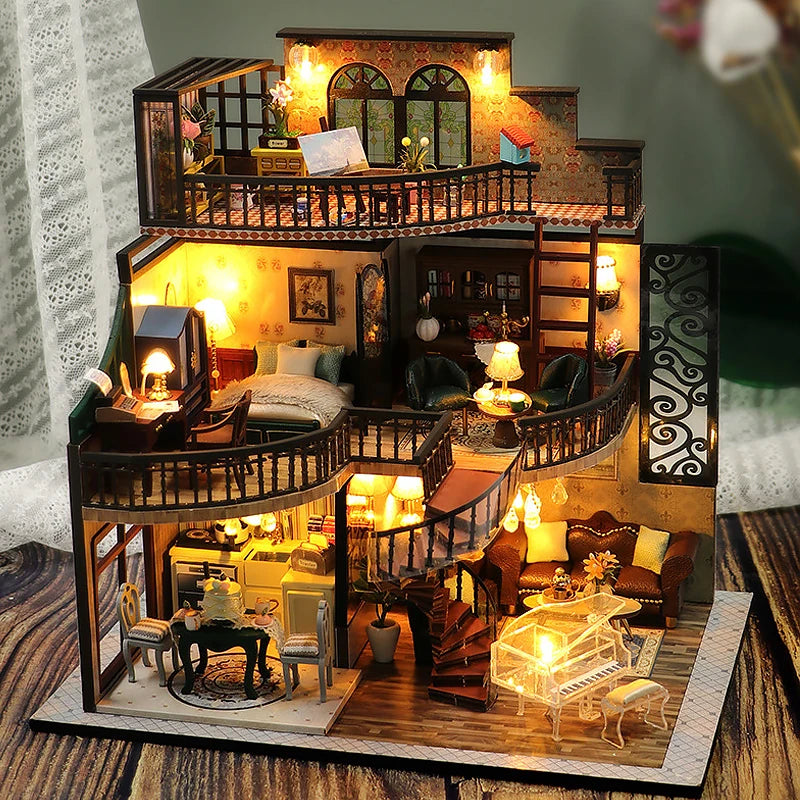 A detailed wooden miniature dollhouse assembly kit featuring furniture and architectural elements.