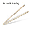 A pair of light wood drumsticks with the text 5A - With Printing on the shaft.