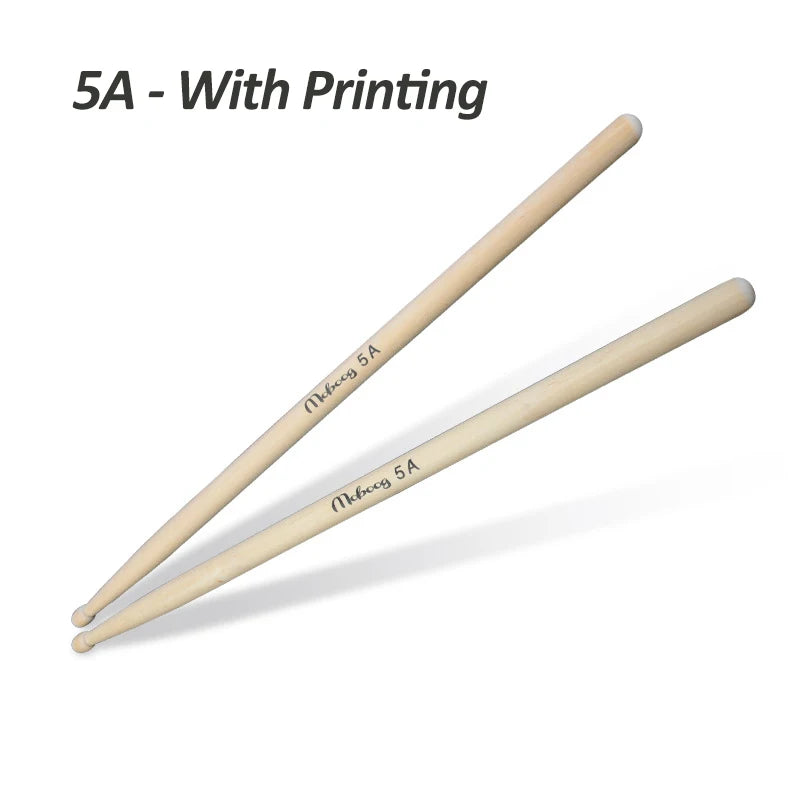 A pair of light wood drumsticks with the text 5A - With Printing on the shaft.