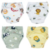 A set of four reusable cotton potty training pants for toddlers in various pastel and natural patterns.