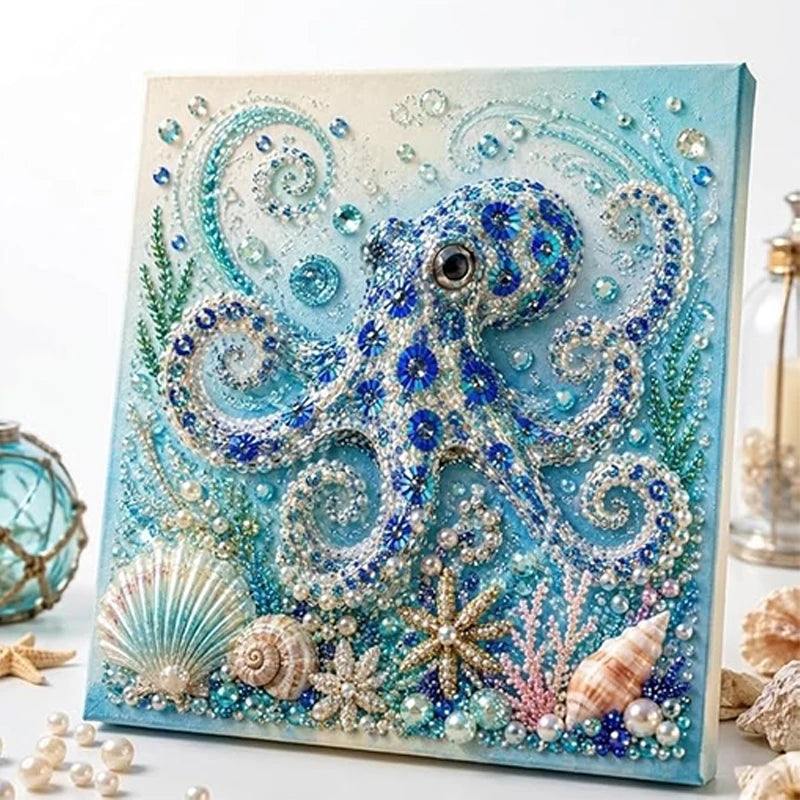 Diamond art kit featuring a blue and silver shark design with surrounding sea flora and shells