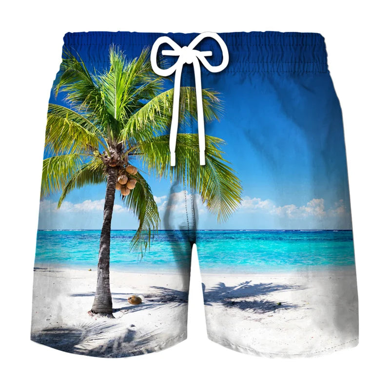 Men's beach swim shorts featuring a tropical coconut tree print against a turquoise ocean background.