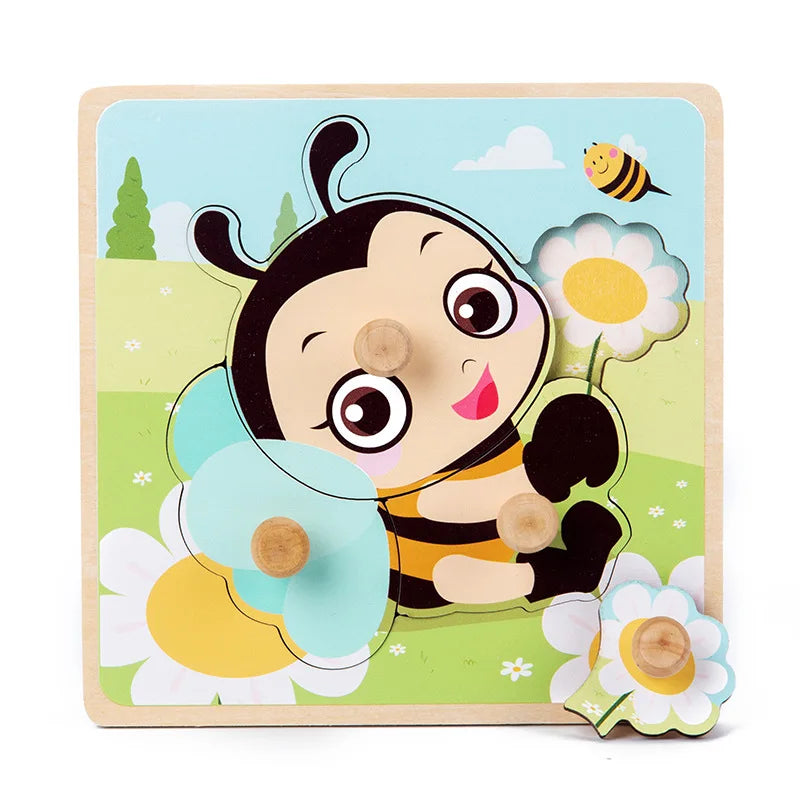 A wooden puzzle featuring a cute bee character surrounded by large flowers for toddlers.
