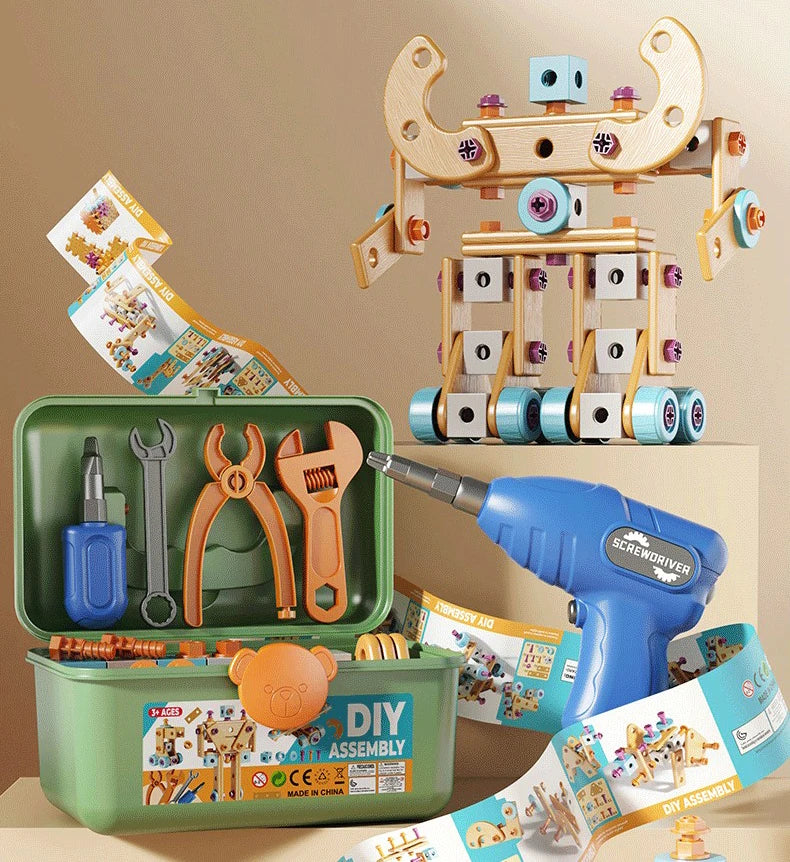 A wooden nut hand disassembly puzzle kit with tools and components for kids