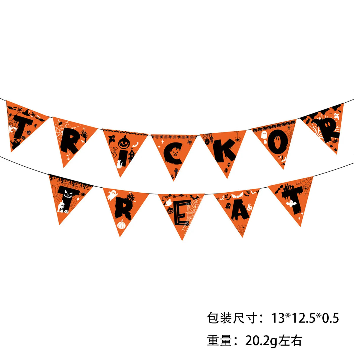 Orange paper flag banner featuring Halloween decor like witches, bats, and pumpkins.