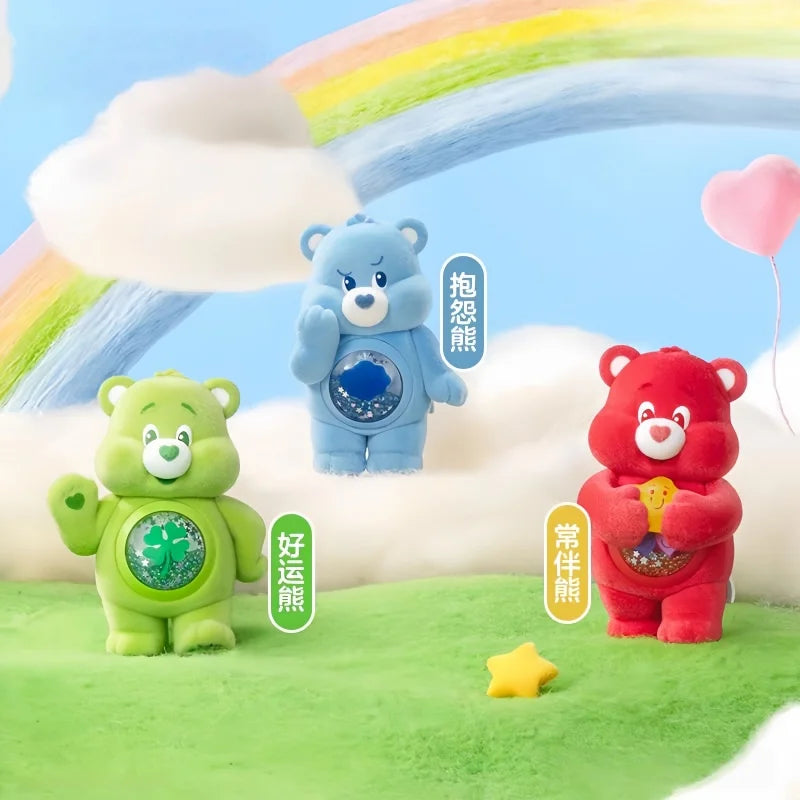 A collection of POP MART Care Bears figurines in various colors, including blue, green, and red, set against a soft, pastel b