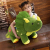 A woman is smiling while holding a large green dinosaur plush toy on a brown leather surface.