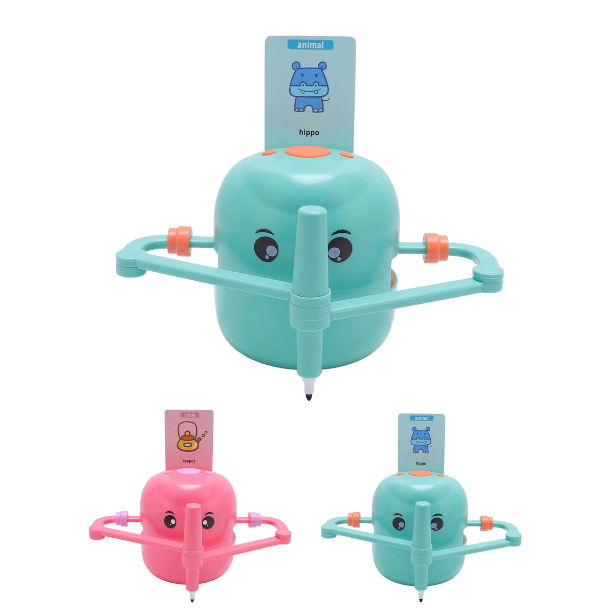 A pair of smart drawing robots for kids, one pink and one teal, with a hippo design.