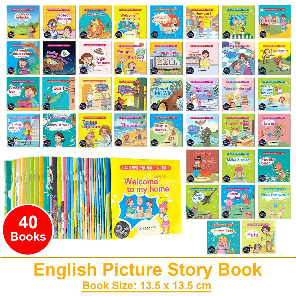 A collection of 40 English picture story books for early learning, featuring colorful illustrations and text.