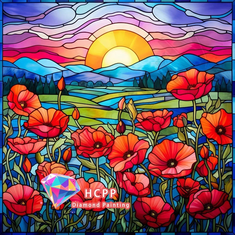 A diamond painting featuring a vibrant sunset landscape with mountains and colorful flowers.
