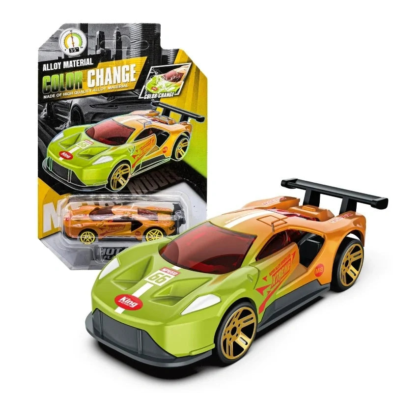 A green pull-back racing car with a black spoiler and gold wheels, shown next to its packaging.