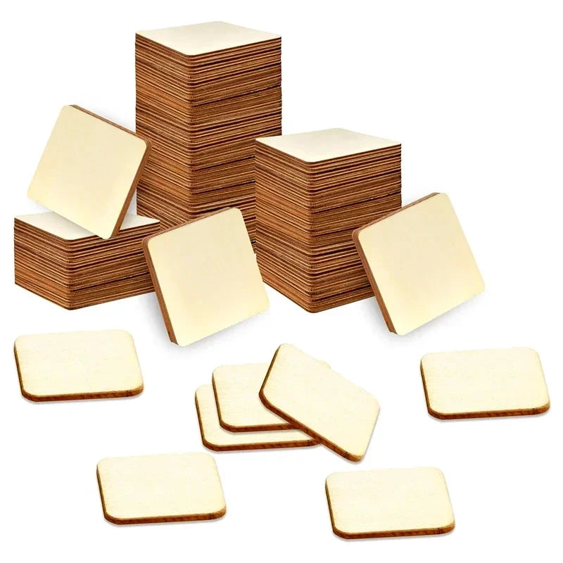 A stack of blank light wood squares for DIY crafts and engraving, shown in various arrangements.