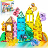 A colorful magnetic jungle animal set featuring various animals and vehicles built from interlocking tiles.