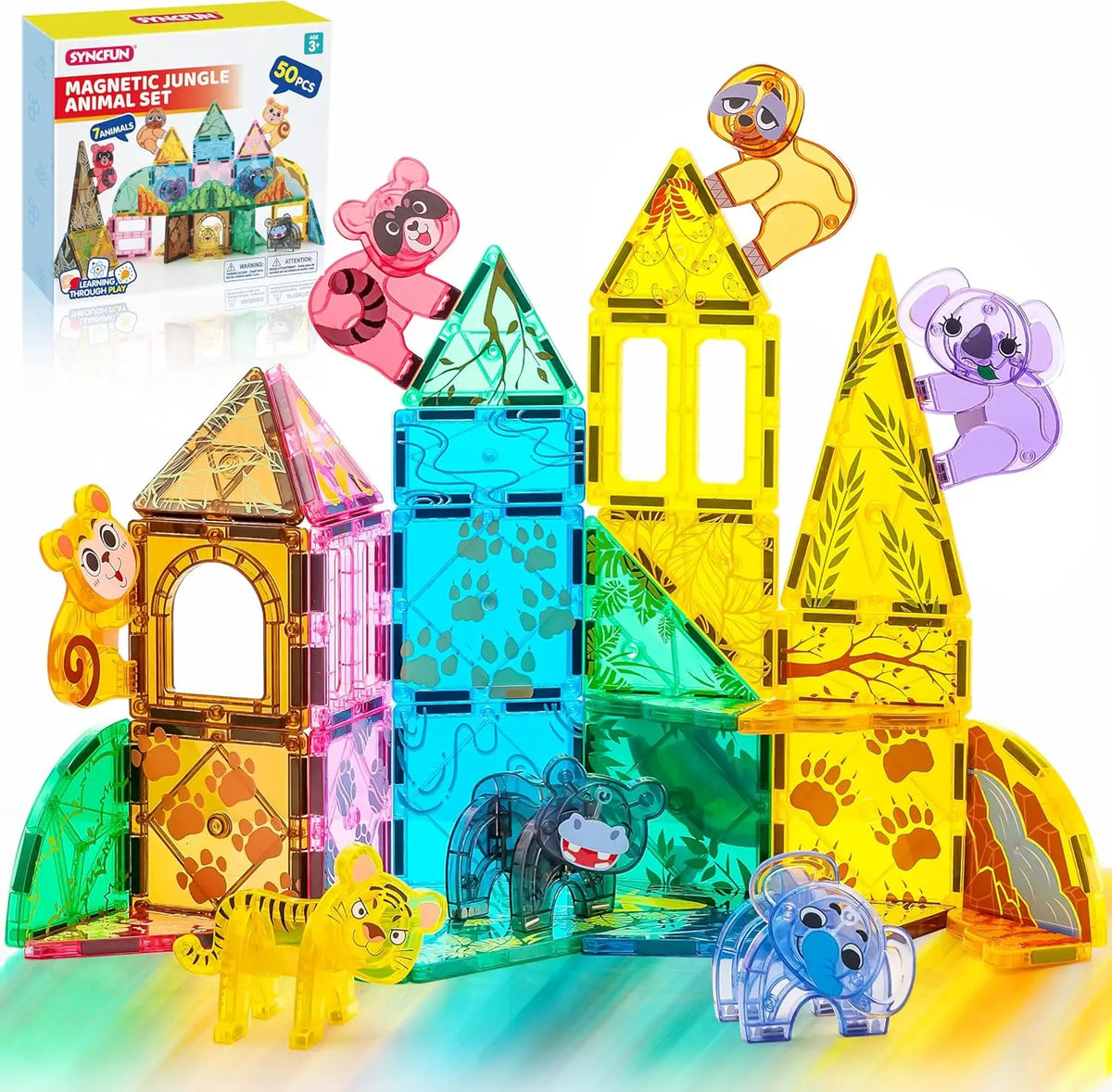 A colorful magnetic jungle animal set featuring various animals and vehicles built from interlocking tiles.