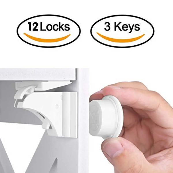 A hand is shown interacting with a white magnetic cabinet door lock mechanism.