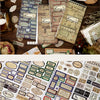 A close-up view of a vintage label sticker book filled with various aged paper labels and stamps for scrapbooking.