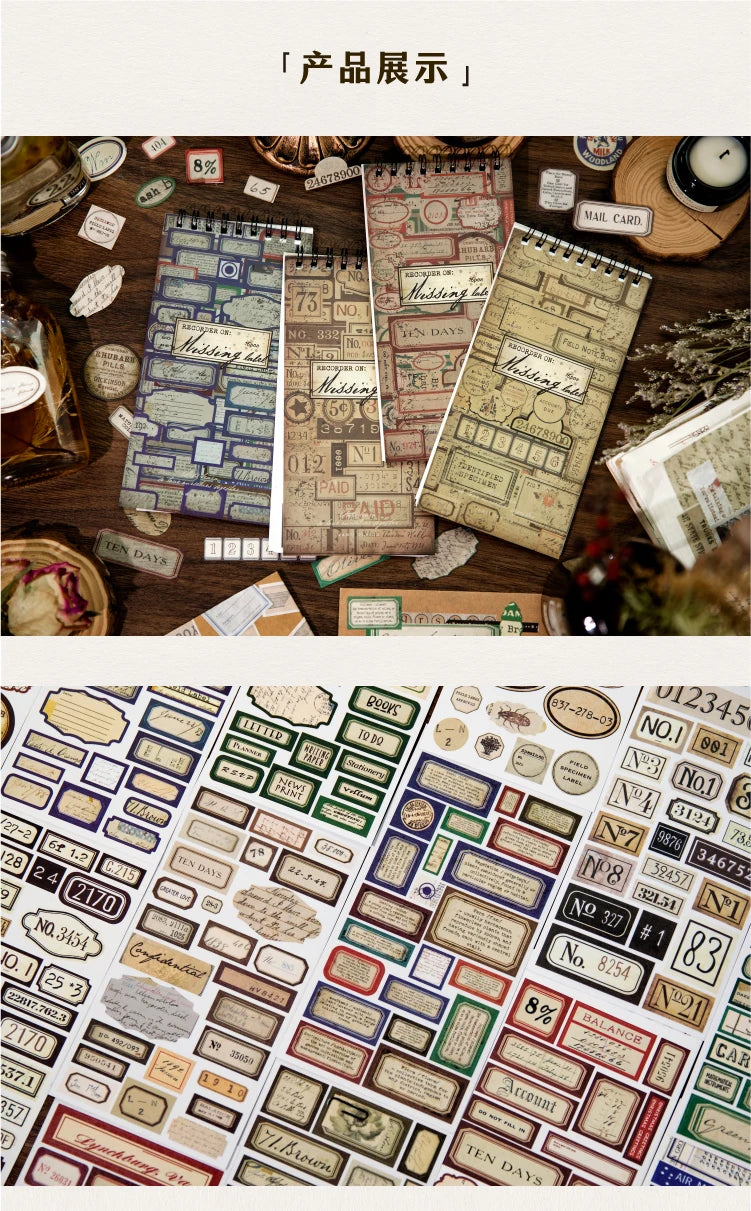 A close-up view of a vintage label sticker book filled with various aged paper labels and stamps for scrapbooking.