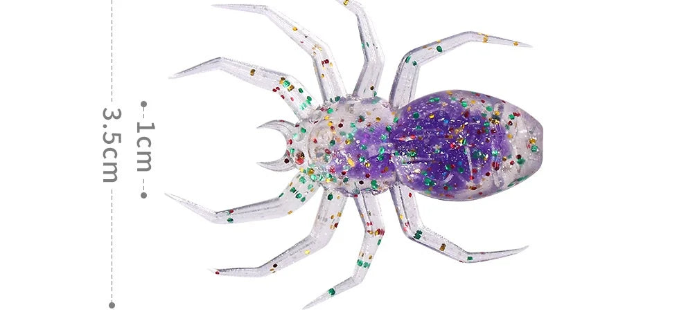 A realistic spider soft bait lure with translucent white legs and a purple body covered in iridescent glitter.