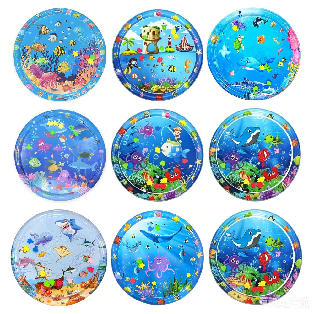 A set of colorful circular baby water play mats featuring various sea animals and learning activities.