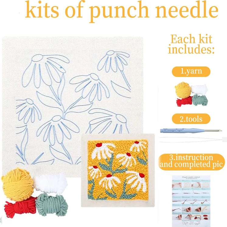 Punch needle embroidery kit featuring a flower pattern with yarn and tools