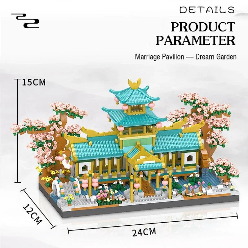 A detailed miniature model of a Marriage Pavilion Dream Garden featuring traditional Chinese architecture and flowering trees