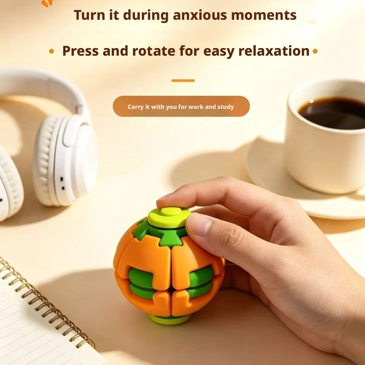 A hand holds an orange and green 3D gear ball fidget toy on a light surface next to headphones and a notebook.
