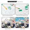 Instructions for painting a scenery canvas using acrylic paints, showing steps from selecting numbers to finishing the artwor