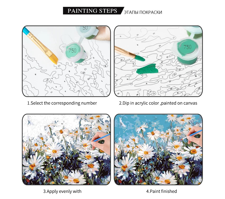 Instructions for painting a scenery canvas using acrylic paints, showing steps from selecting numbers to finishing the artwor