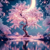 A moonlit tree landscape featuring pink blossoms and a large crescent moon reflected in calm water.