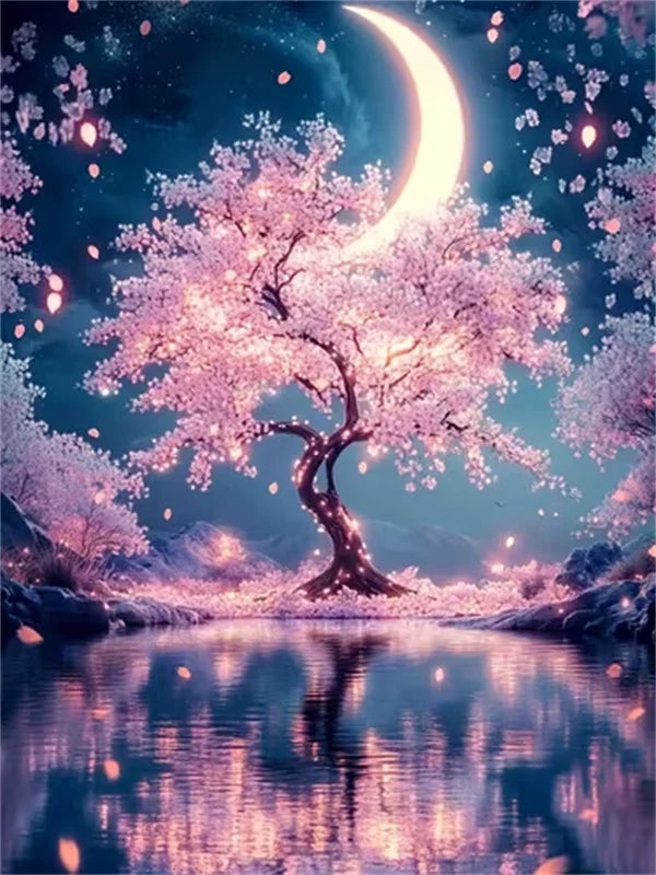 A moonlit tree landscape featuring pink blossoms and a large crescent moon reflected in calm water.