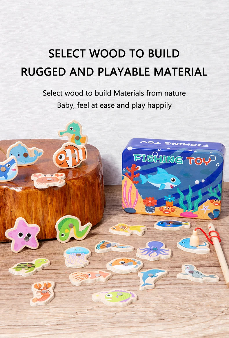 A collection of wooden magnetic fish toys and a blue fishing toy box are displayed on a light wooden surface.
