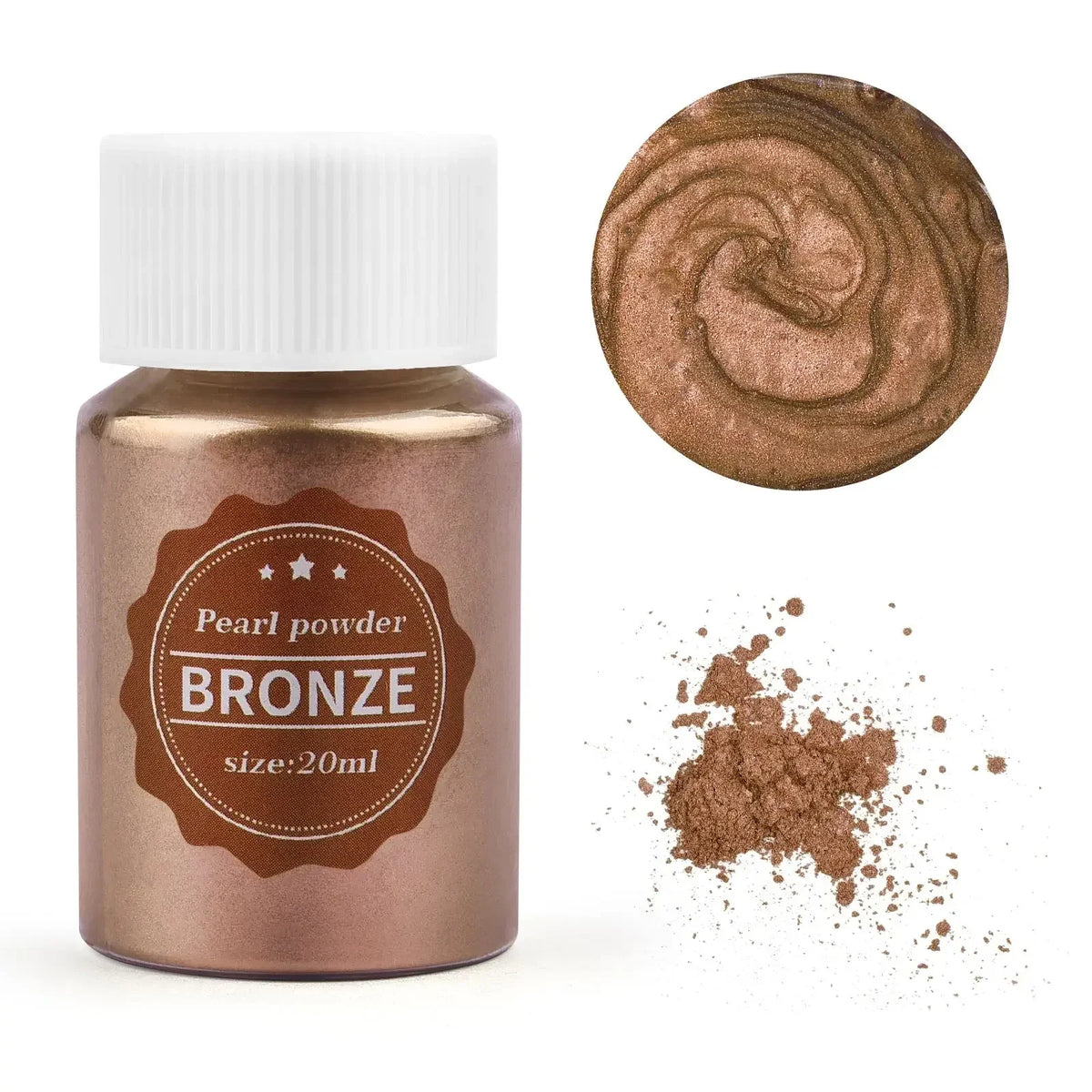 A glass jar of bronze pearl powder with a circular swatch and scattered powder on a white background.