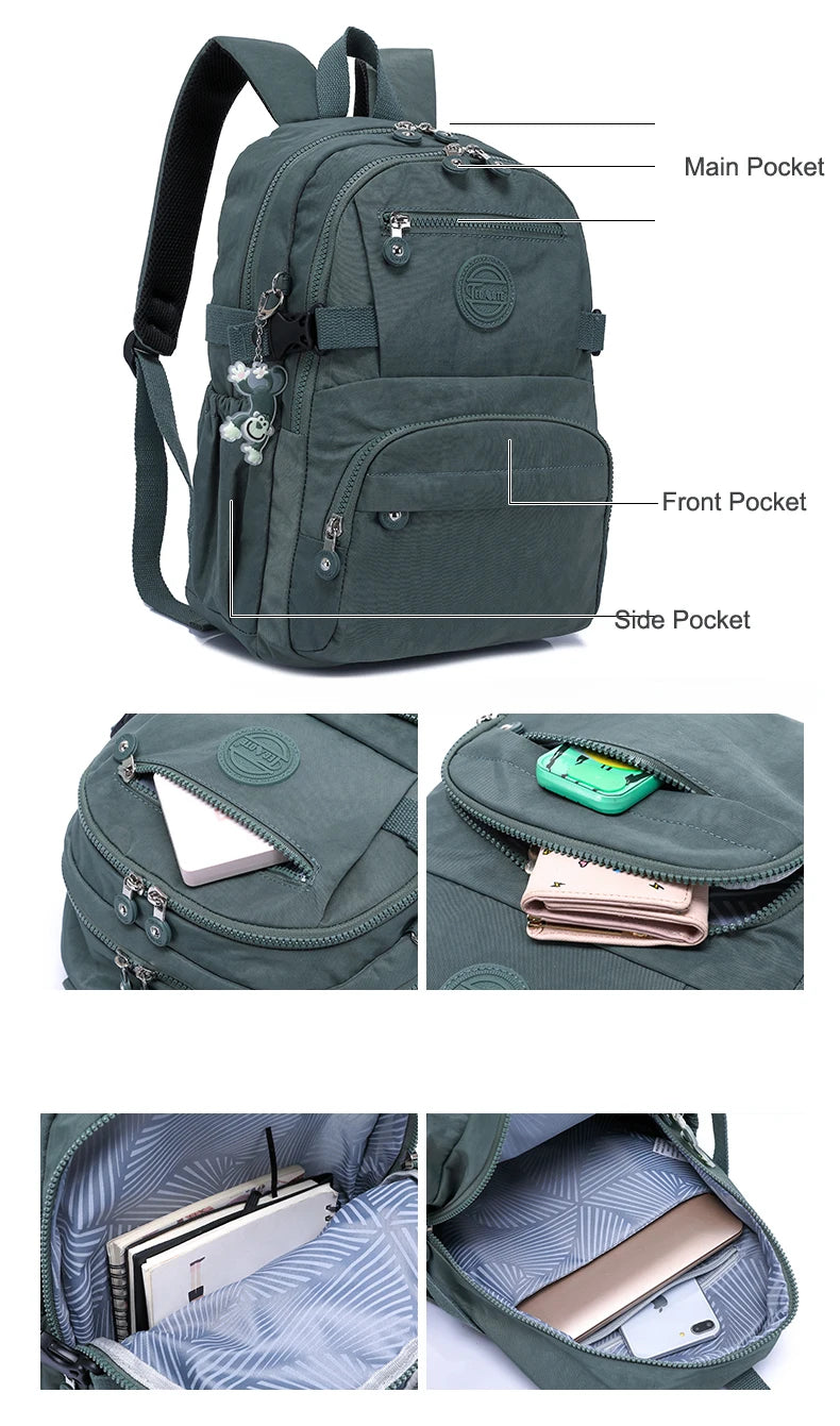 Sac à dos de voyage vert foncé et durable montrant divers poches et compartiments intérieurs.