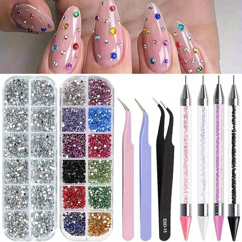 A collection of multi-size flat back acrylic rhinestones in various colors and shades for nail art and DIY crafts