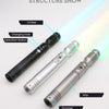 A structure show display of a metal lightsaber staff with an emitter, charging hole, grip, and pommel.