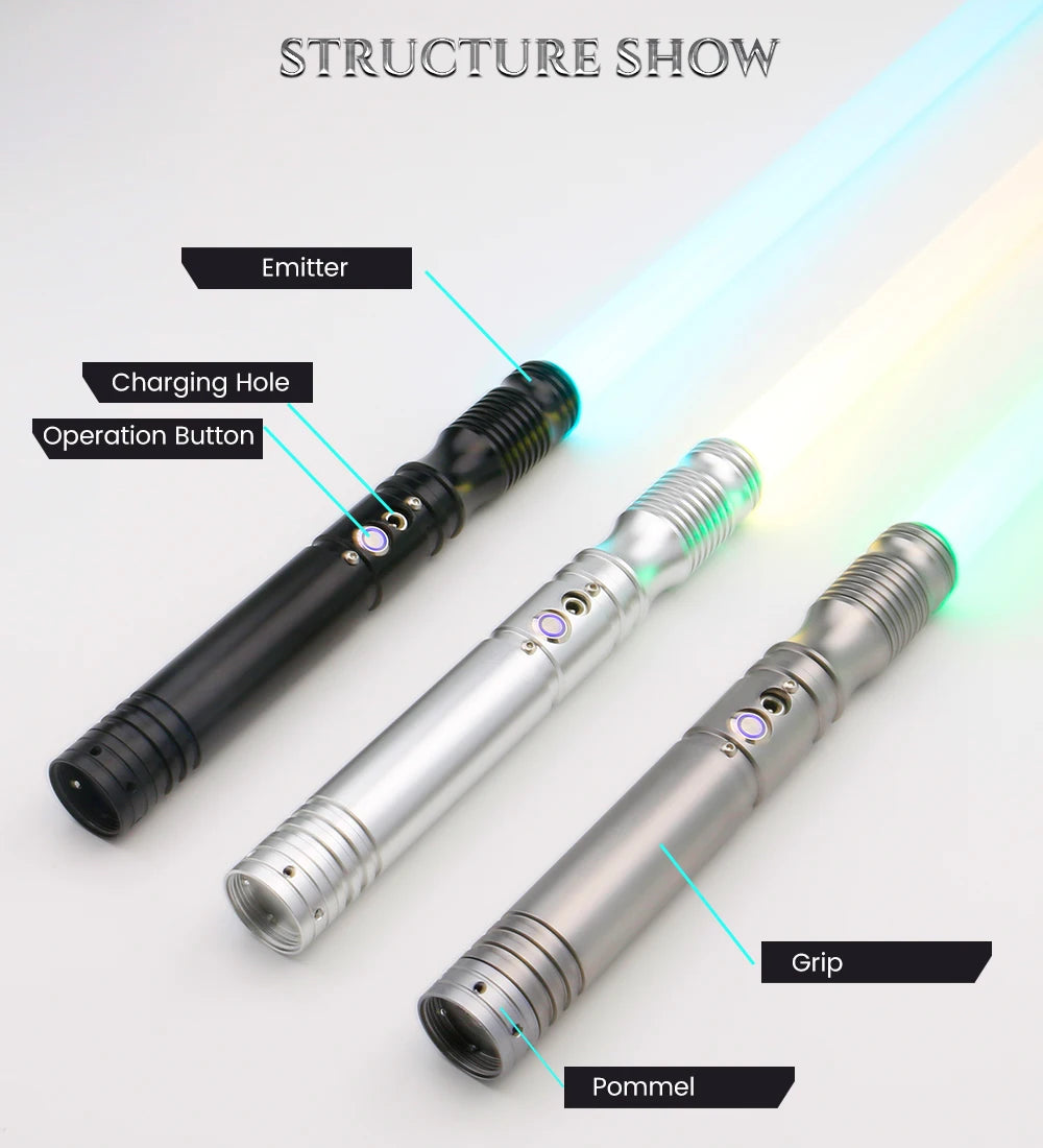 A structure show display of a metal lightsaber staff with an emitter, charging hole, grip, and pommel.