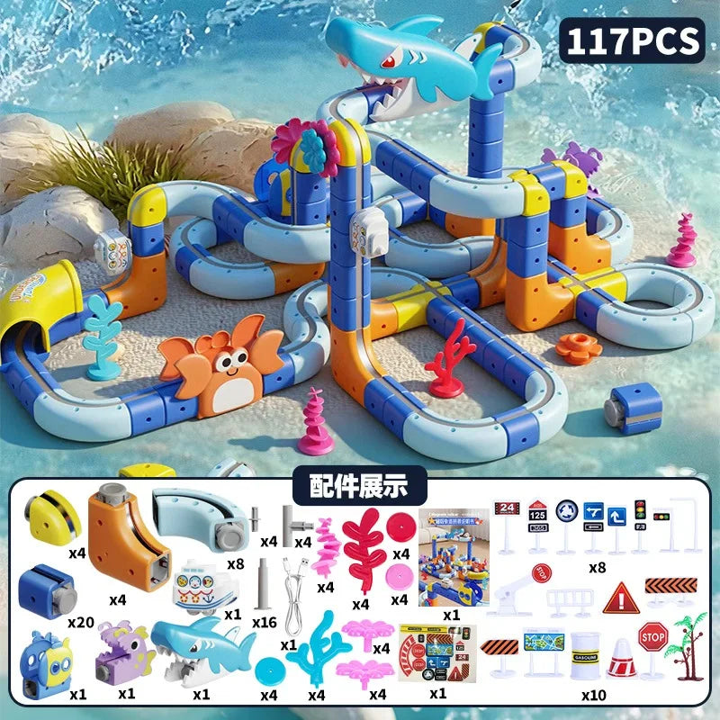 A magnetic anti-gravity train building set featuring blue and orange track pieces and various components for construction.