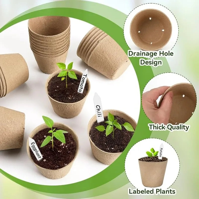 A collection of biodegradable peat pots for seed starting, showing various sizes and designs with drainage holes and labeled 