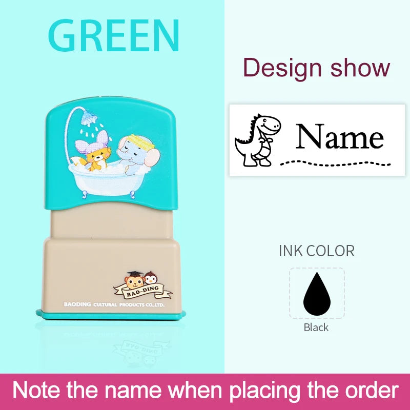 A light blue waterproof labeling stamp with a beige handle and a clear area for personalization.