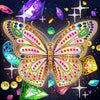 A vibrant, sparkling butterfly created using a DIY diamond painting kit with colorful jewels and glitter.