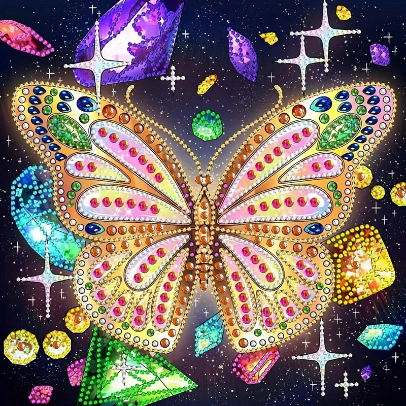 A vibrant, sparkling butterfly created using a DIY diamond painting kit with colorful jewels and glitter.